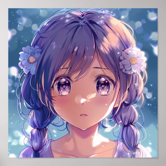 萌えアニメ少女の花柄肖像画 ポスター (正面)
