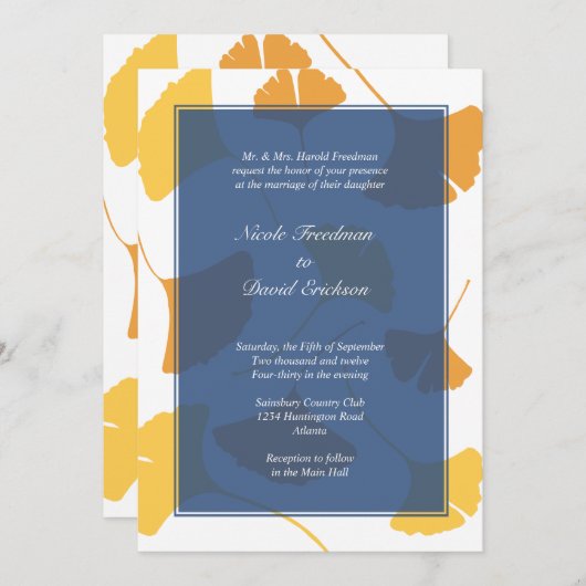 落ちているイチョウ葉の海軍ゴールデンオー結婚タムズ 招待状 (正面/裏面)