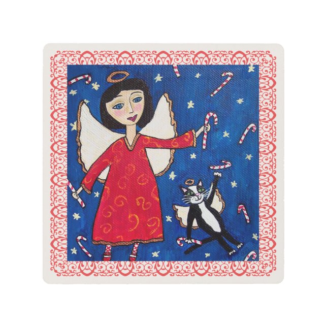 落ちてくるキャンディカンをキャンドキャンドと一緒に空で捉える天使 メタルプリント (正面)