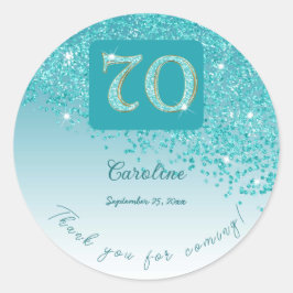 落ちるターコイズブルーのグリッター、70歳の誕生日感謝 ラウンドシール