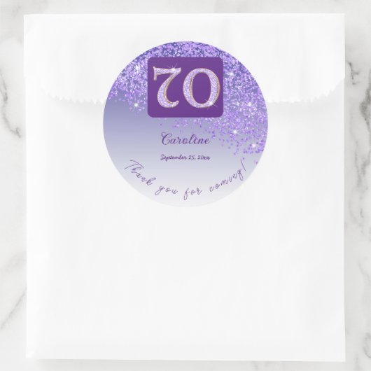 落ちるパープルグリッター 70歳の誕生日感謝 ラウンドシール (バッグ)