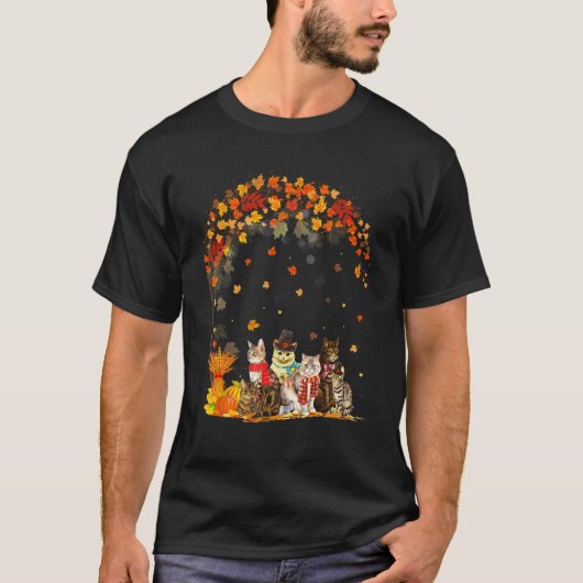 落ちる猫の秋の葉の木 猫 Tシャツ (正面)