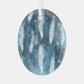 落ちる白い羽、青い水色。 ガラスオーナメント (正面左)