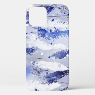 落ちる羽毛:水色の青いパターン。 iPhone 12ケース