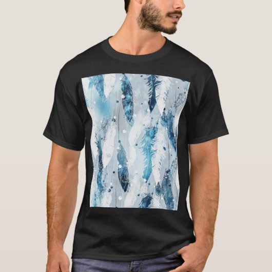 落ちる羽毛:青い水色シームレス Tシャツ (正面)