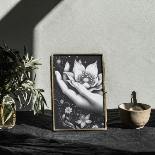 落ちる花びらと植物の手の彫刻を施したキャンバス キャンバスプリント