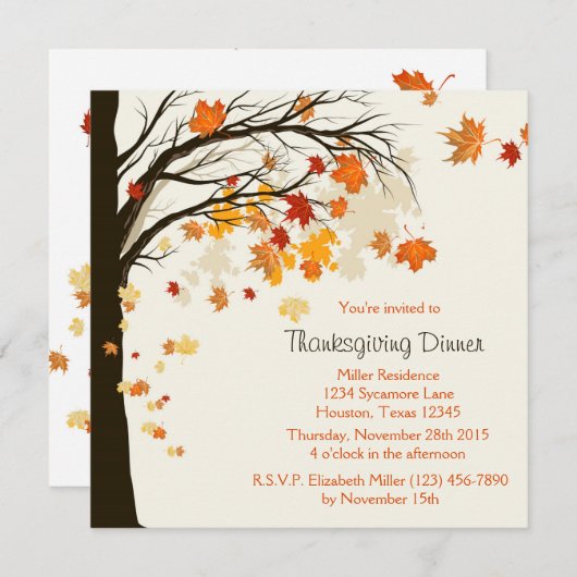 落ちる葉の感謝祭の夕食の招待状 招待状 (正面/裏面)