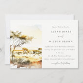 落ち着いたアースカラーの水彩画アフリカ風景のウェディング 招待状 (正面)