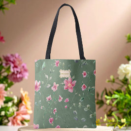 落ち着いたグリーンのピンクの花柄 クラシカルなトレンド トートバッグ