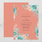 落ち着いたコーラルターコイズの芍薬の結婚式 招待状 (正面/裏面)