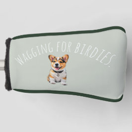 落ち着いたセージカラーのコーギーパターカバー 'Wagging for Birdies' ゴルフヘッドカバー