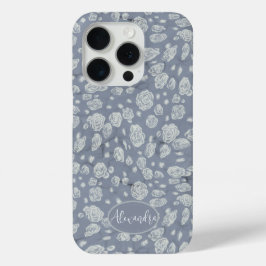 落ち着いたダスティブルーのバラの花柄スマホケース iPhone 15 PROケース