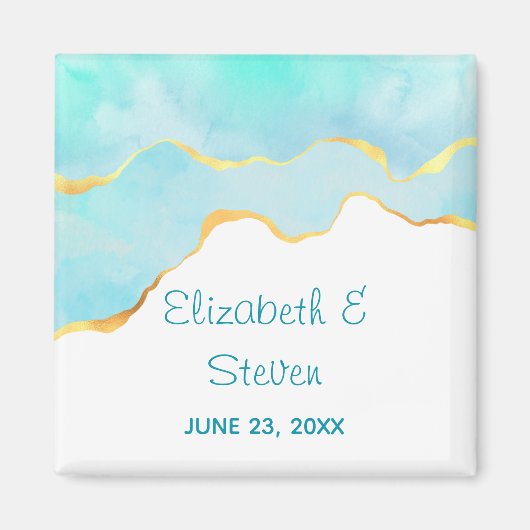 落ち着いたトロピカルグリーンにゴールドの縁取りの結婚式 マグネット (正面)