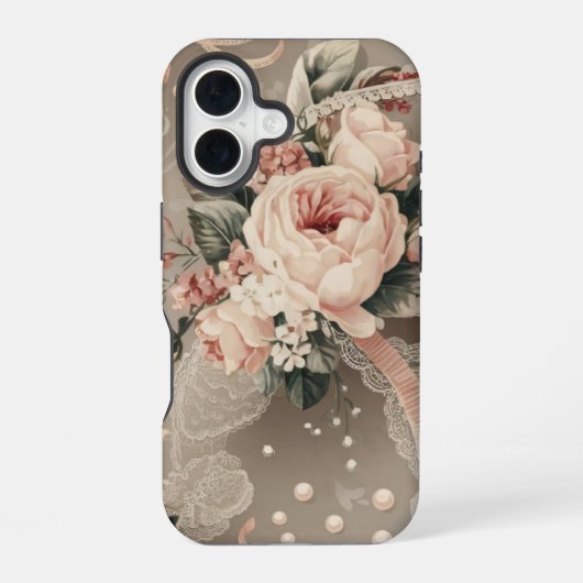 落ち着いたトーンの花のコケット柄 iPhone 16ケース (裏面)