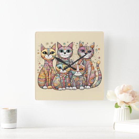 落ち着いた猫の時計 スクエア壁時計 (ホーム)