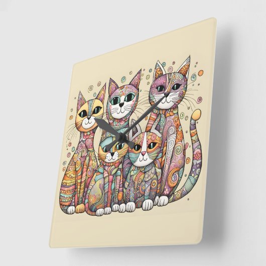 落ち着いた猫の時計 スクエア壁時計 (傾斜)