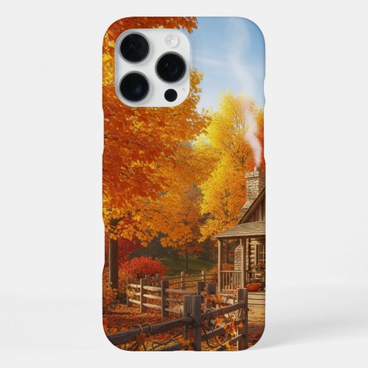 落ち着いた秋の森のログキャビンとぬくもりあふれる紅葉 iPhoneケース (裏面)