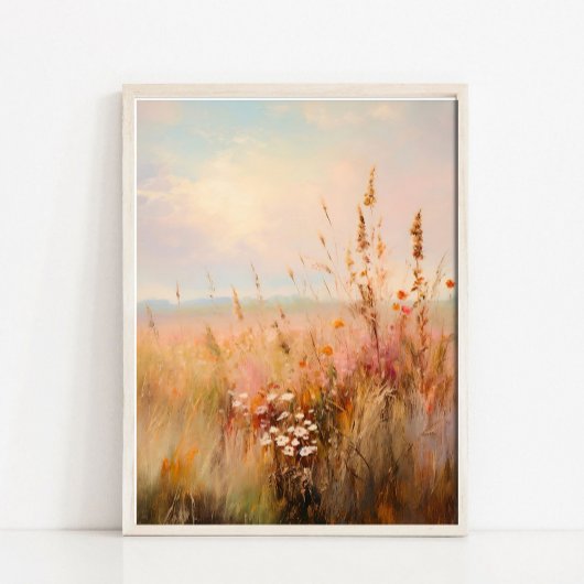 落ち着いた秋の野の花畑の風景画 ポスター