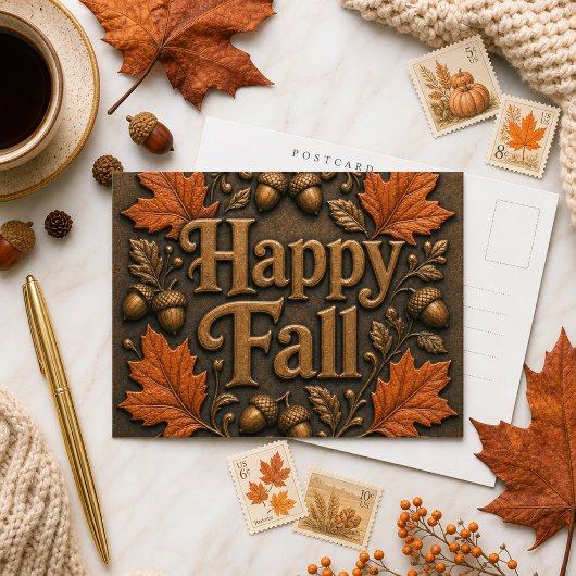 落ち着いた紅葉とどんぐりのRustic Happy Fall ポストカード