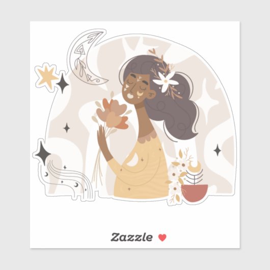 落ち着いた茶色の肌のボホの女性の花の月星 シール (シート)