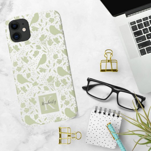 落ち着いた鳥と花のモノグラム入り Case-Mate iPhoneケース