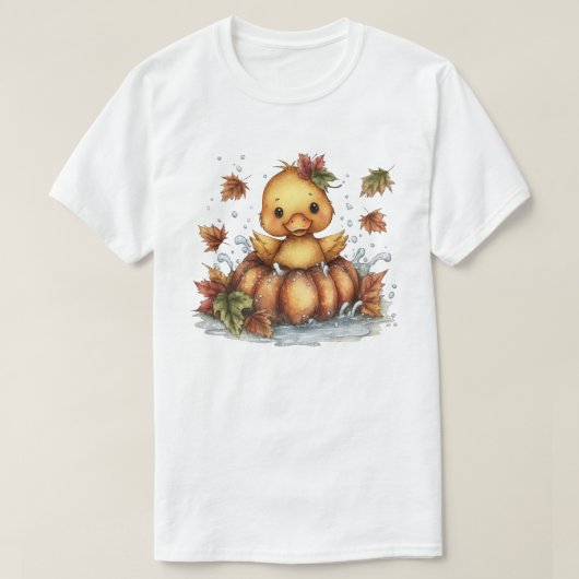 落ち着いて、カボチャで遊ぶ秋のアヒル Tシャツ (デザイン正面)