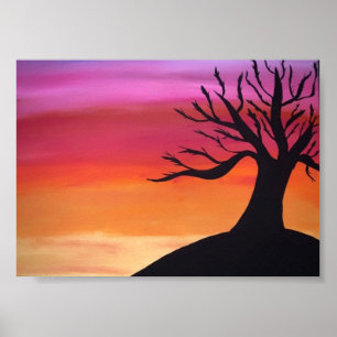 落ち着い絵画た夕焼けの木 ポスター