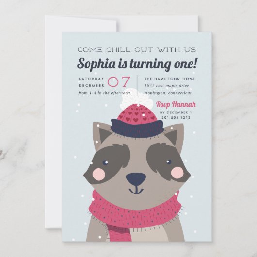 落ち着く |かわいい冬のアライグマ誕生日パーティー 招待状 (正面)