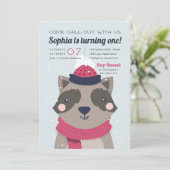 落ち着く |かわいい冬のアライグマ誕生日パーティー 招待状 (スタンド正面)