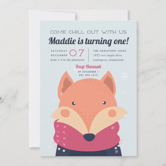 落ち着く |かわいい冬のキツネ誕生日パーティー 招待状 (正面)