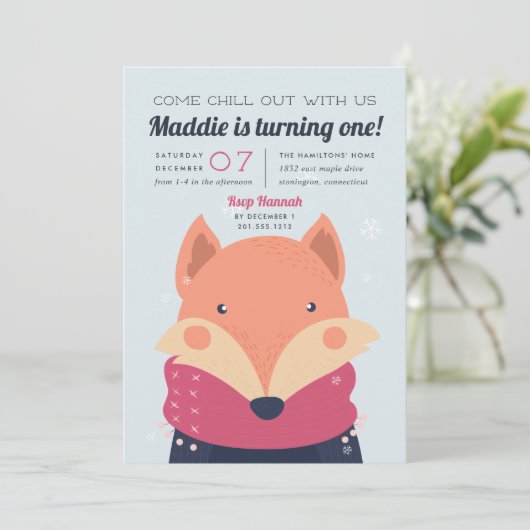 落ち着く |かわいい冬のキツネ誕生日パーティー 招待状 (スタンド正面)