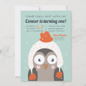 落ち着く |かわいい冬フクロウ誕生日パーティー 招待状 (正面)