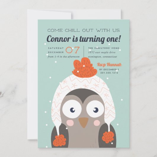 落ち着く |かわいい冬フクロウ誕生日パーティー 招待状 (正面)