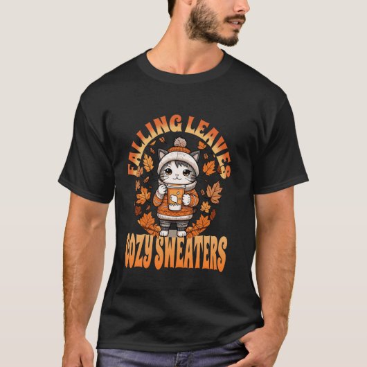 落ち葉とふわふわのセーターの可愛い秋の猫 Tシャツ (正面)