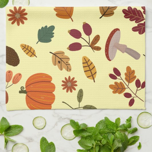 落ち葉とハーベストパターンのキッチンタオル キッチンタオル (折り畳み)