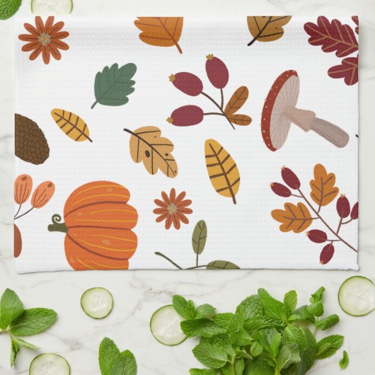 落ち葉とハーベスト柄のキッチンタオル キッチンタオル (折り畳み)