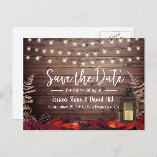 落ち葉とランタン 秋の結婚式 Save the Date 案内ポストカード (正面/裏面)
