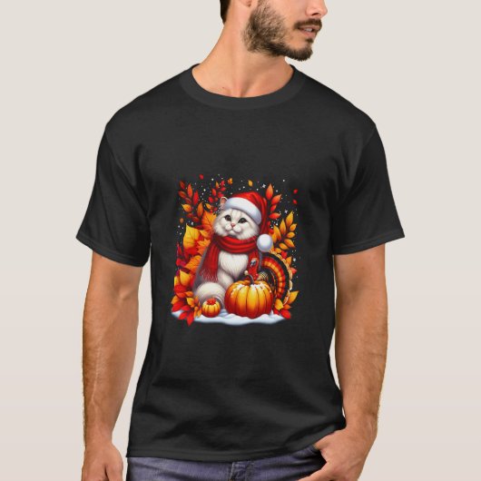 落ち葉と猫の秋、レッド+ネコの感謝祭 Tシャツ (正面)