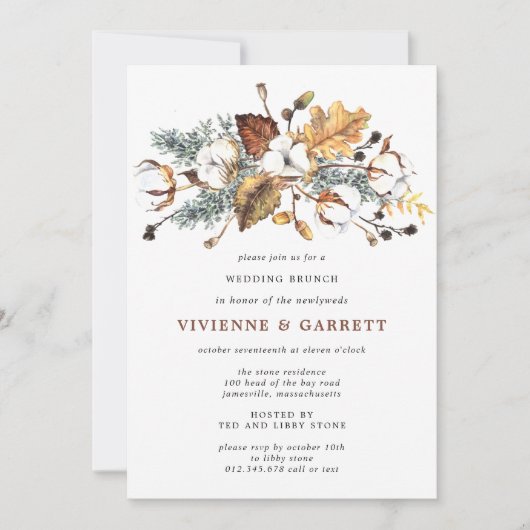 落ち葉と白い花の結婚式後ブッフェ招待状 招待状 (正面)