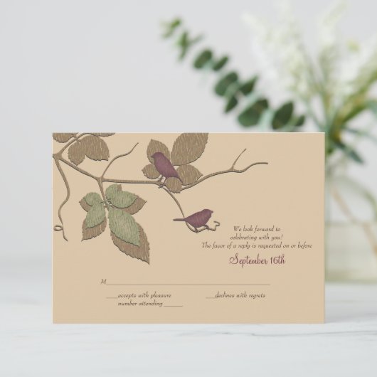 落ち葉と鳥の結婚式返信カード 出欠カード (スタンド正面)