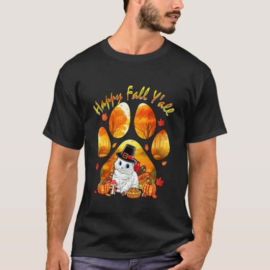 落ち葉のあなたへ感謝祭の猫は七面鳥 秋の木 パイ Tシャツ (正面)