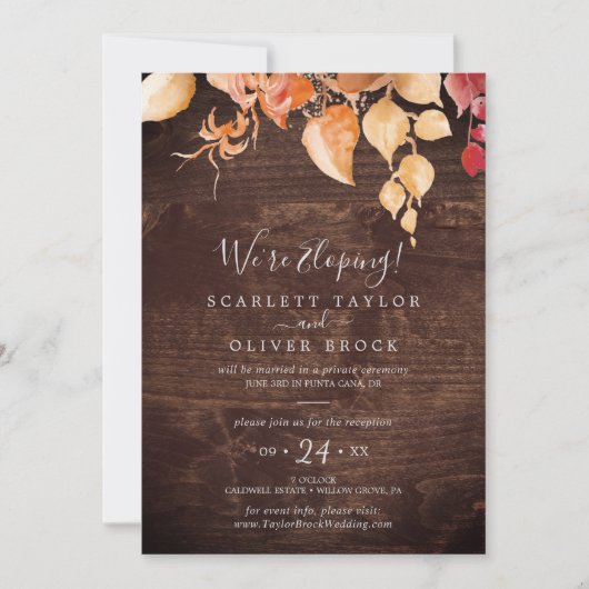落ち葉のクラフト感ある茶色の木の隠遁結婚式の受付カード 招待状 (正面)