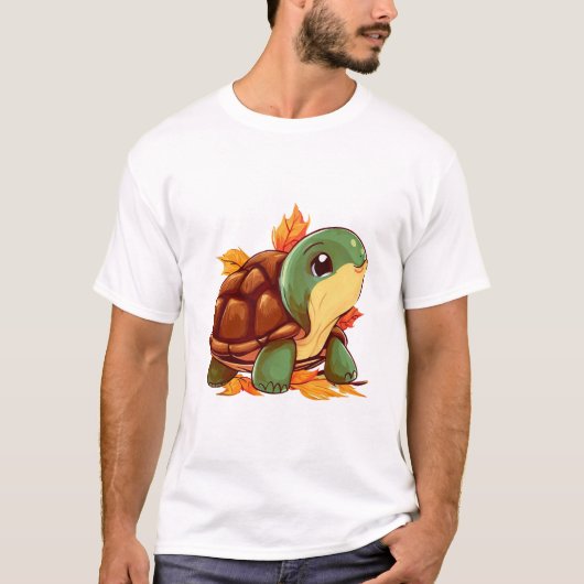 落ち葉の中を歩く秋のカメ Tシャツ (正面)