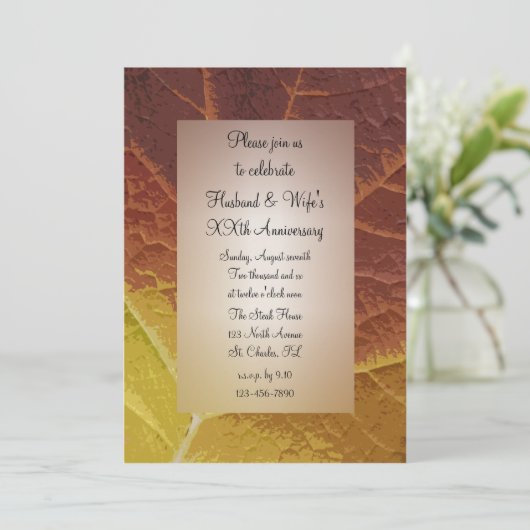 落ち葉の色合いが美しい秋の結婚記念日パーティー 招待状 (スタンド正面)