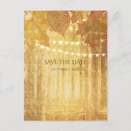 落ち葉の黄金の秋の素朴な Save The Date 案内ポストカード (正面)