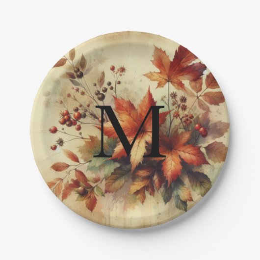 落ち葉 ビンテージ 水彩画 紅葉  ペーパープレート (正面)