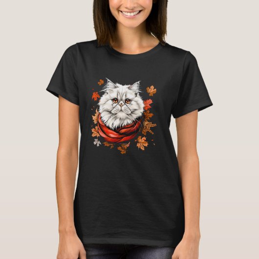 落ち葉 レトロ ペルシャ猫 秋の季節 感謝祭 Tシャツ (正面)