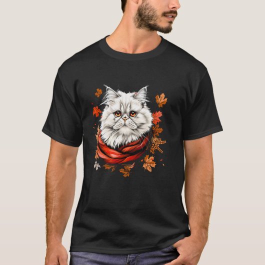 落ち葉 レトロ ペルシャ猫 秋の季節 感謝 Tシャツ (正面)