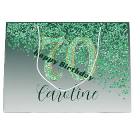 落下かわいらしグリーングリッター70誕生日 ラージペーパーバッグ
