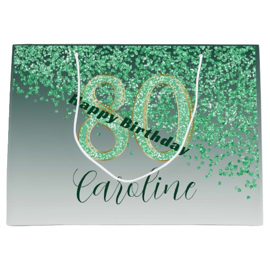 落下かわいらしグリーングリッター80誕生日 ラージペーパーバッグ (正面)
